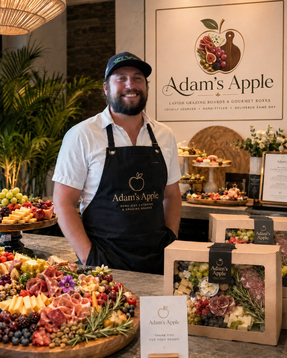 Adam, founder of Adam's Apple, behind a hand-styled grazing spread