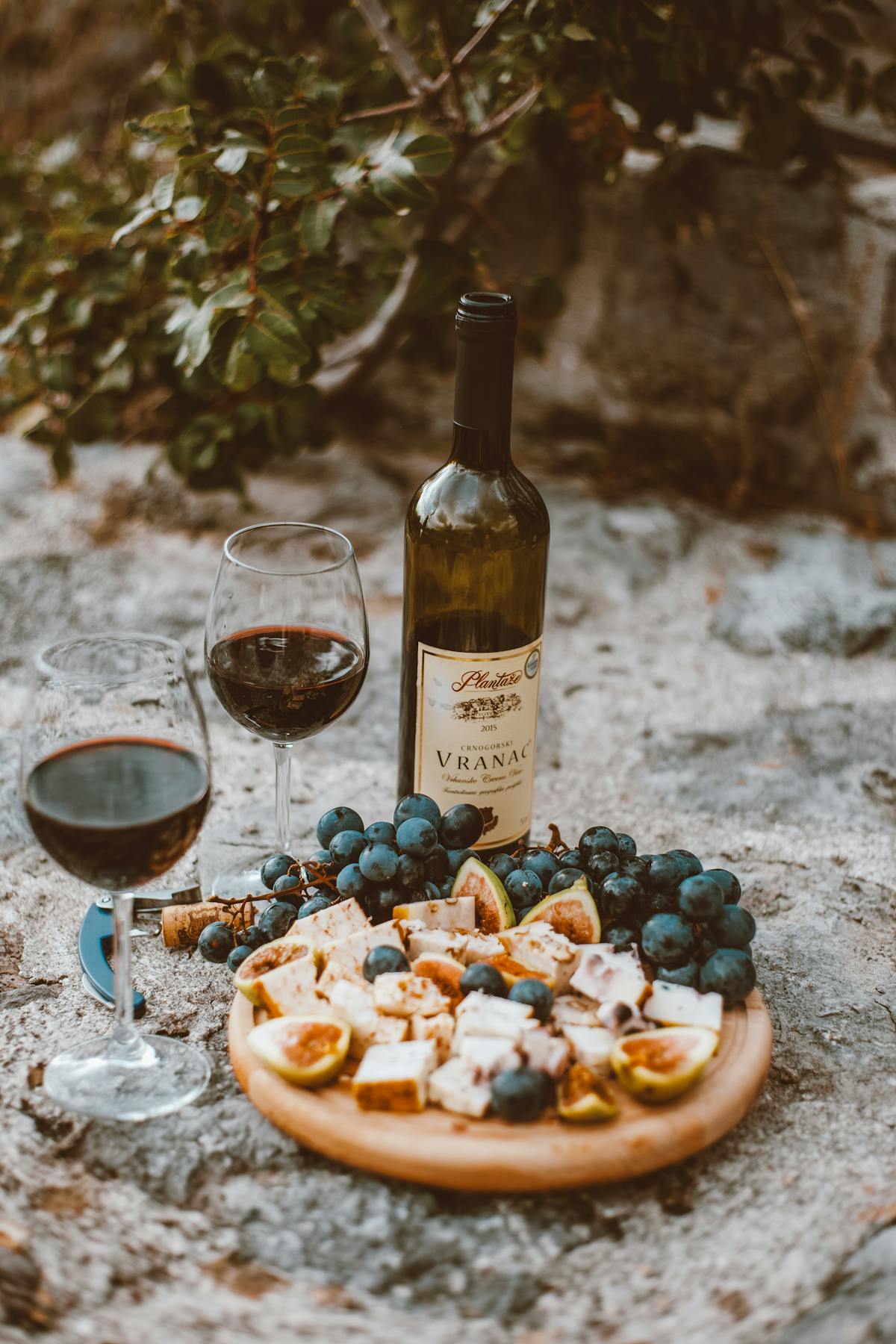 Romantic picnic board with wine