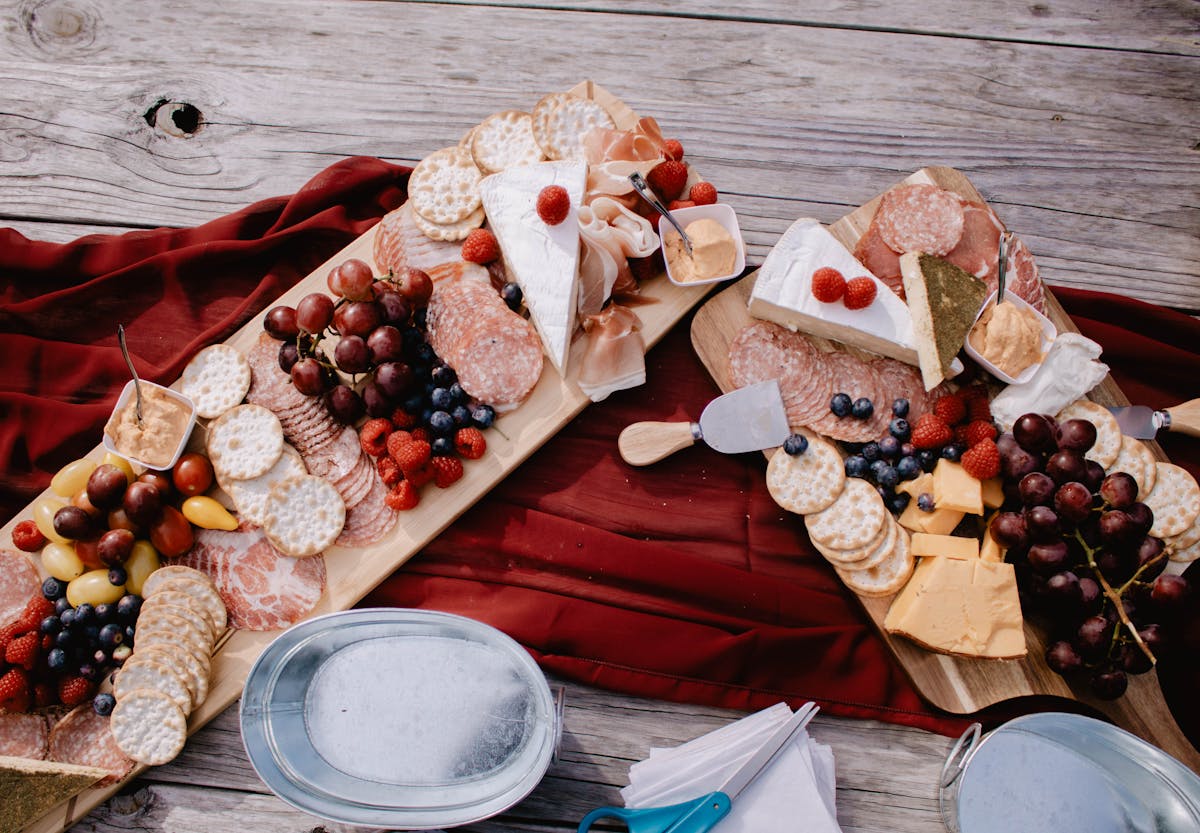 Festive holiday grazing board on a red runner